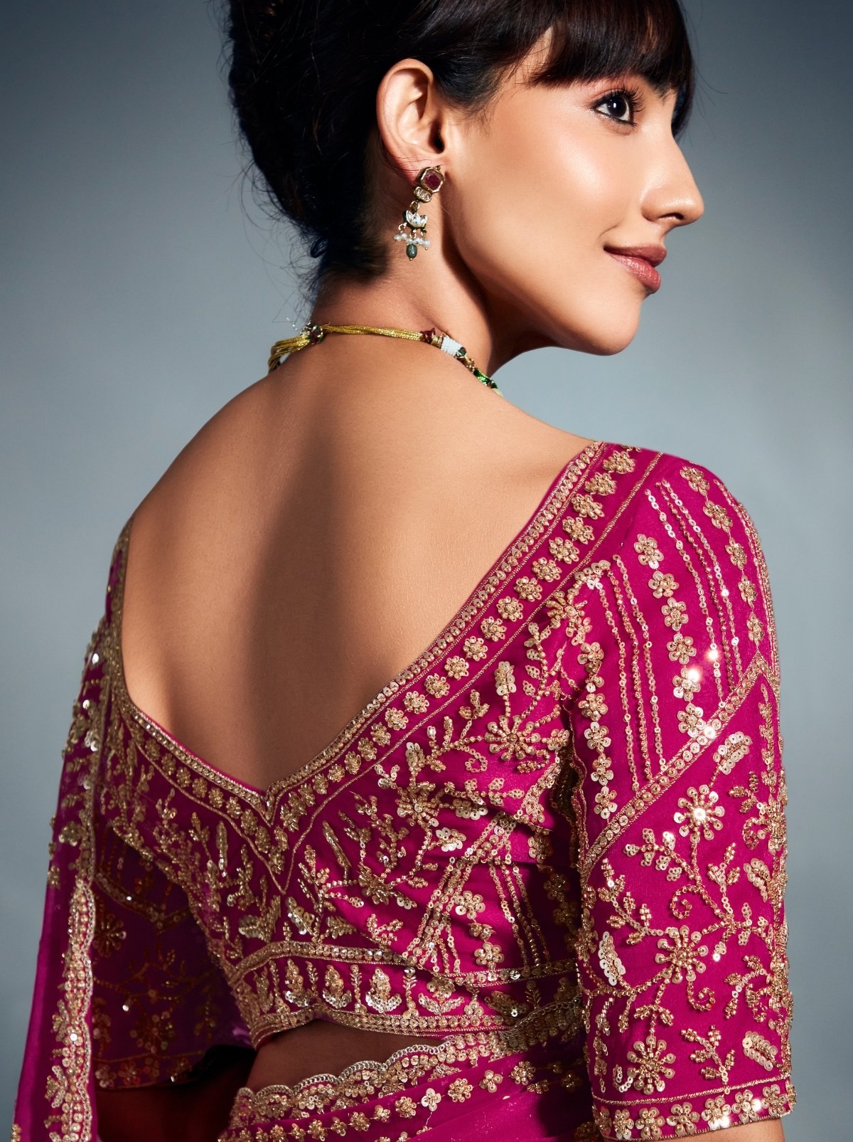 Magenta Pink Tissue Organza Wedding Saree With Blouse Piece