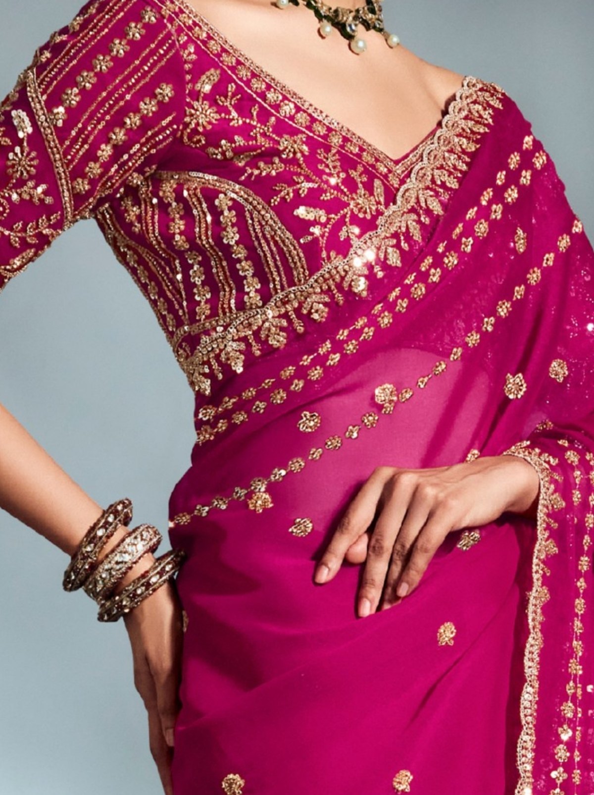 Magenta Pink Tissue Organza Wedding Saree With Blouse Piece