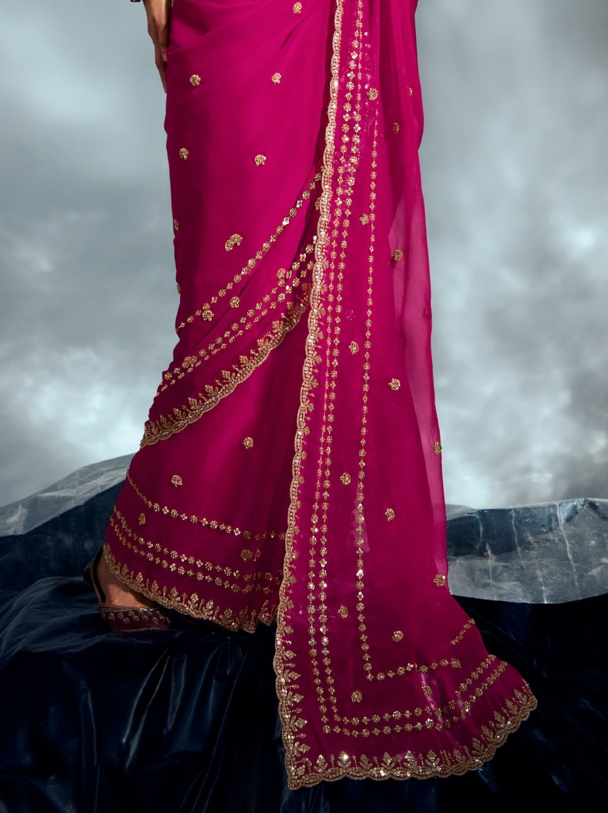 Magenta Pink Tissue Organza Wedding Saree With Blouse Piece
