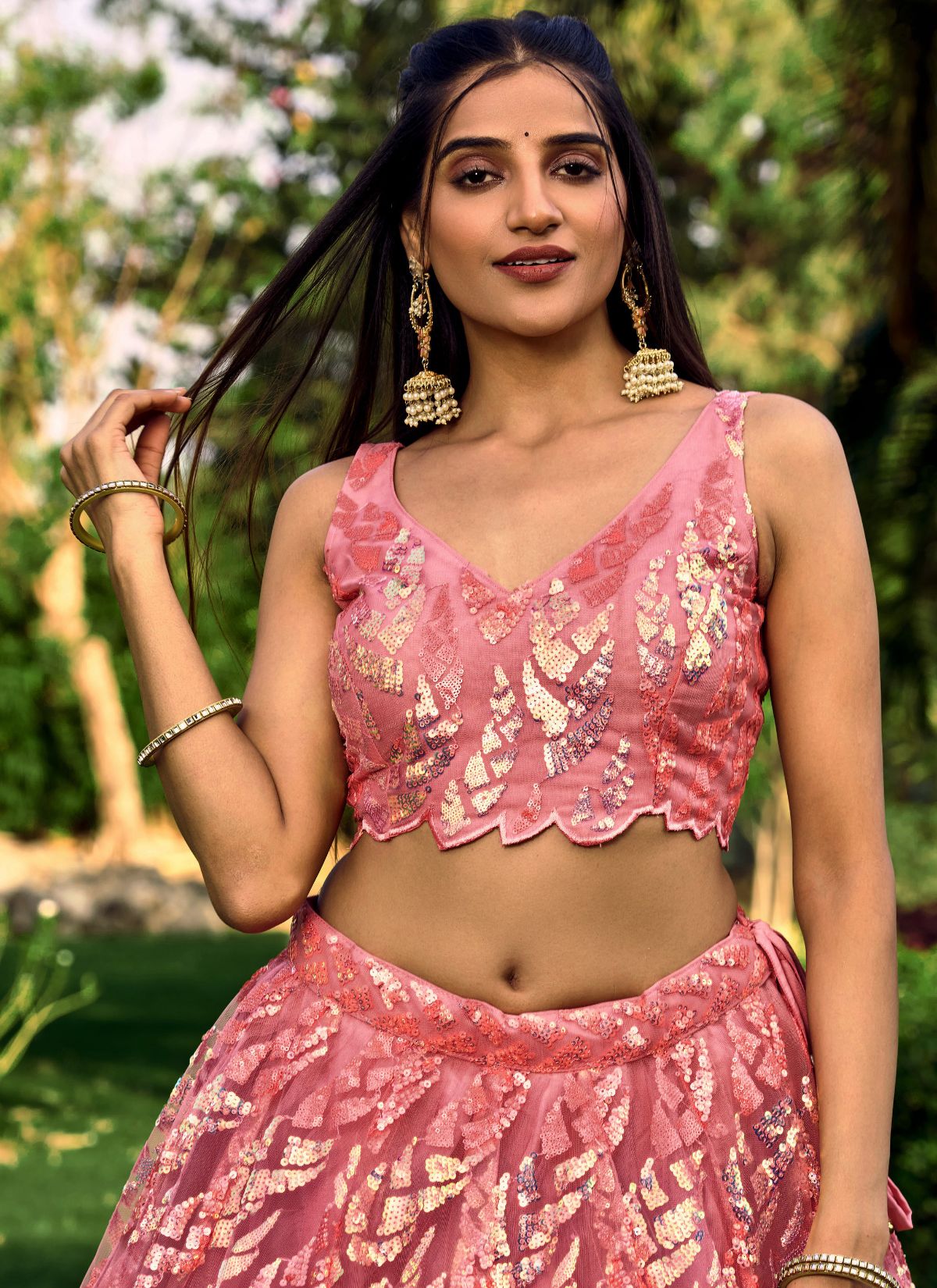 Powder Pink Premium Party Lehenga Set With Sequin Work - TrendOye