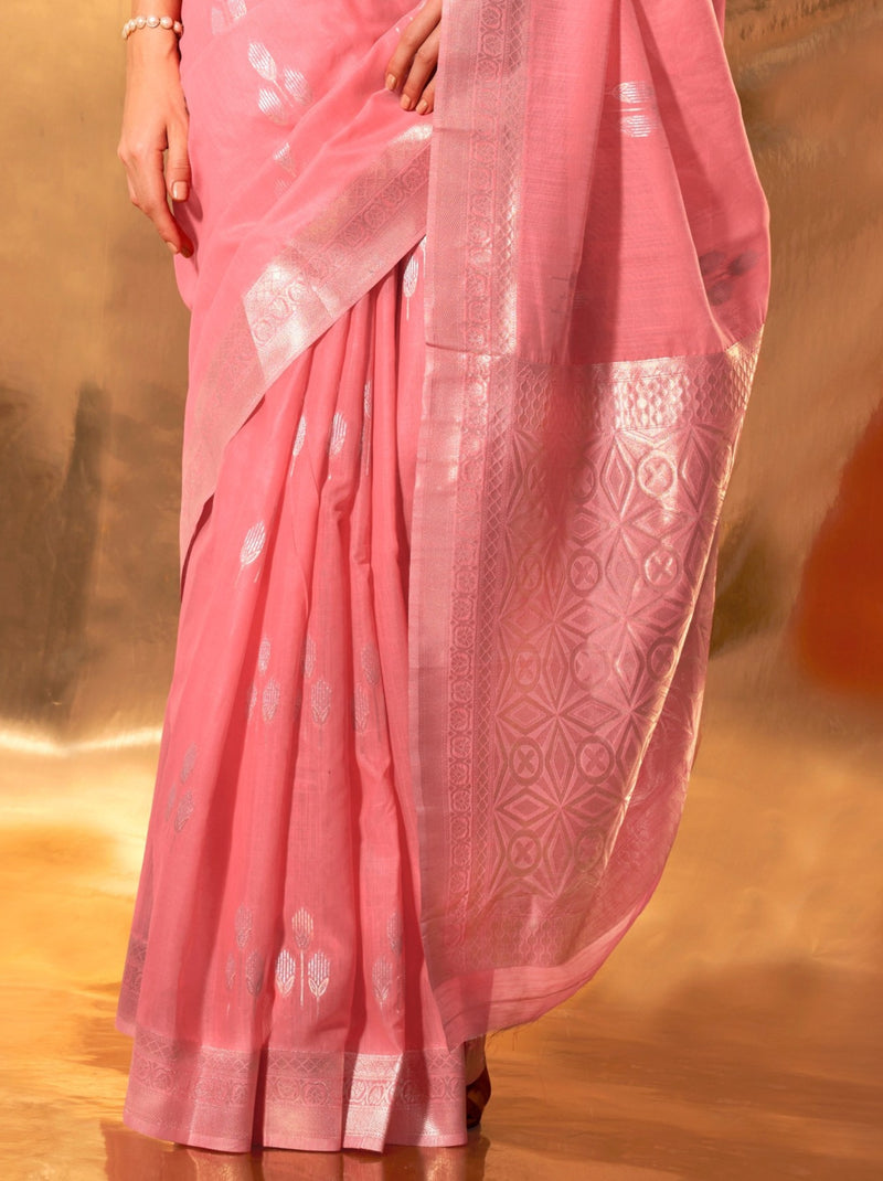 Carnation Pink Designer Linen Silk Saree With Blouse Piece