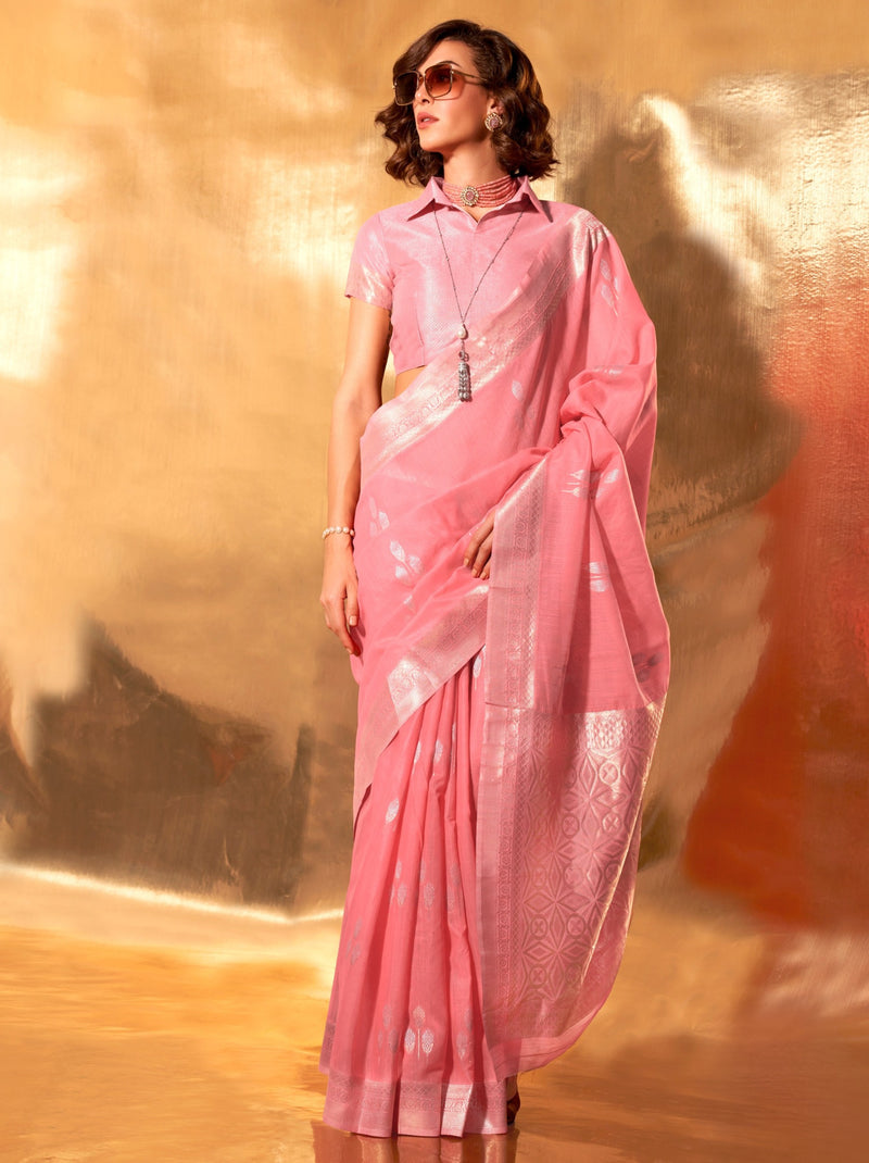 Carnation Pink Designer Linen Silk Saree With Blouse Piece