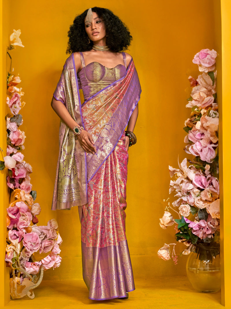 Punch Pink Premium Soft Silk Floral Pattern Saree With Unstitched Blouse