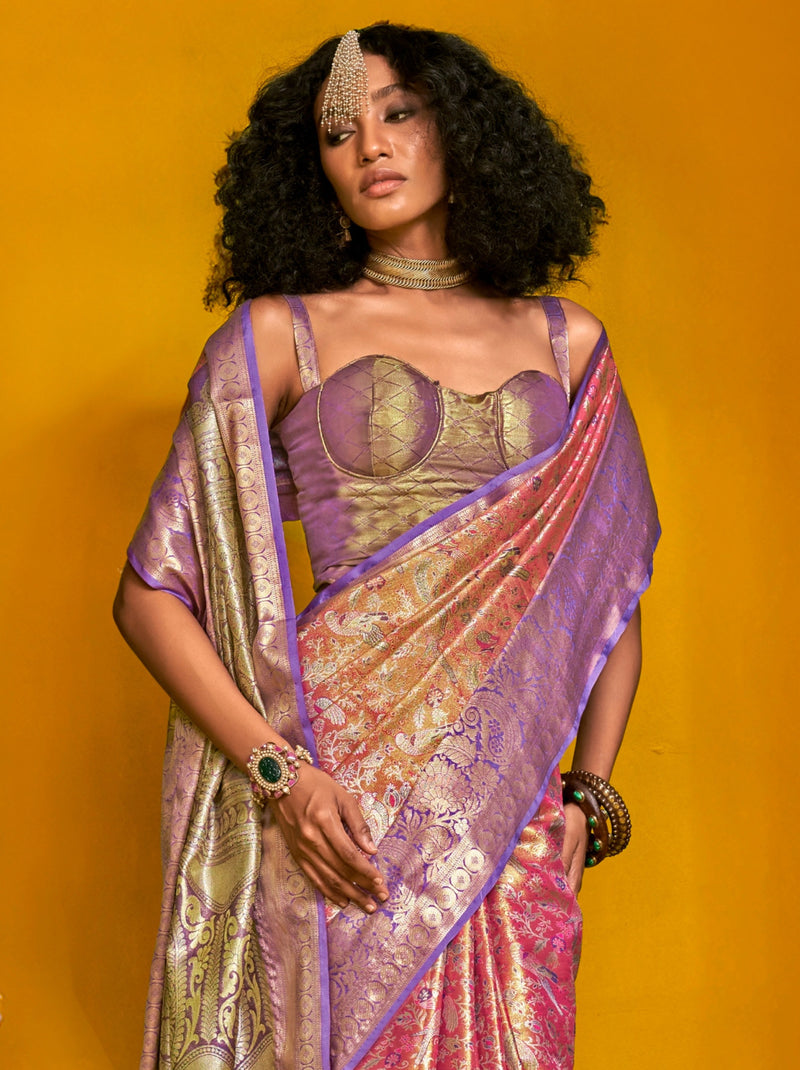 Punch Pink Premium Soft Silk Floral Pattern Saree With Unstitched Blouse