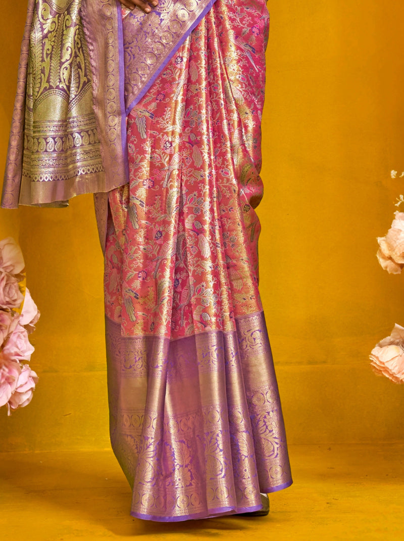 Punch Pink Premium Soft Silk Floral Pattern Saree With Unstitched Blouse