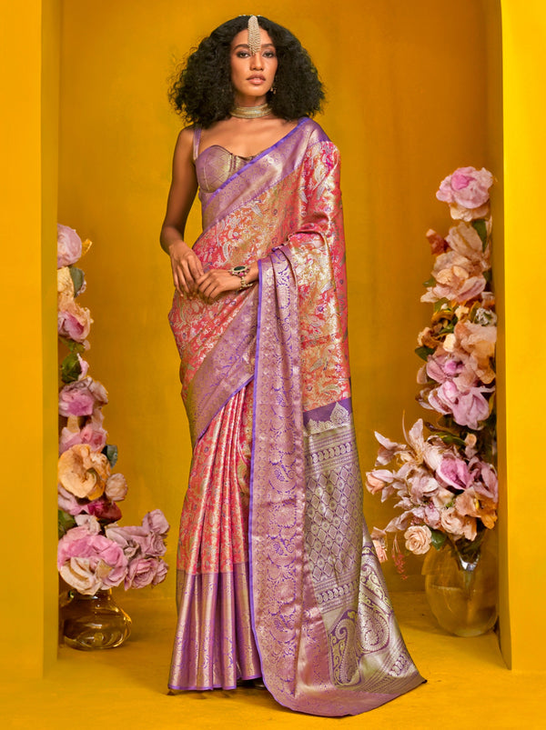 Punch Pink Premium Soft Silk Floral Pattern Saree With Unstitched Blouse