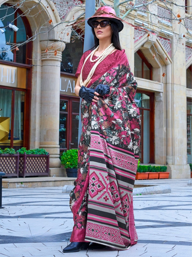 Bright Pink Premium Satin Designer Saree - TrendOye