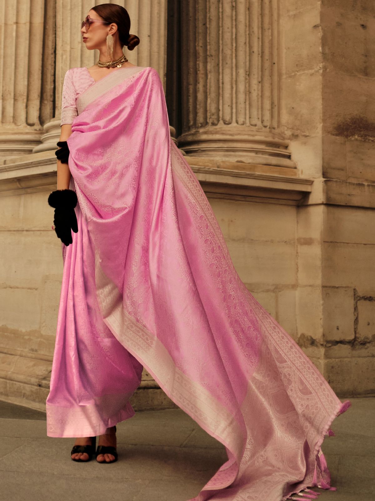 Taffy Pink Fine Satin Silk Party Saree - TrendOye