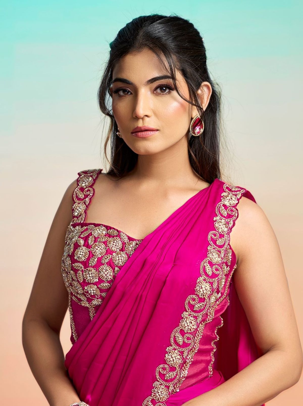 Barbie Pink Premium Satin Silk Ready to Wear Saree with Cape