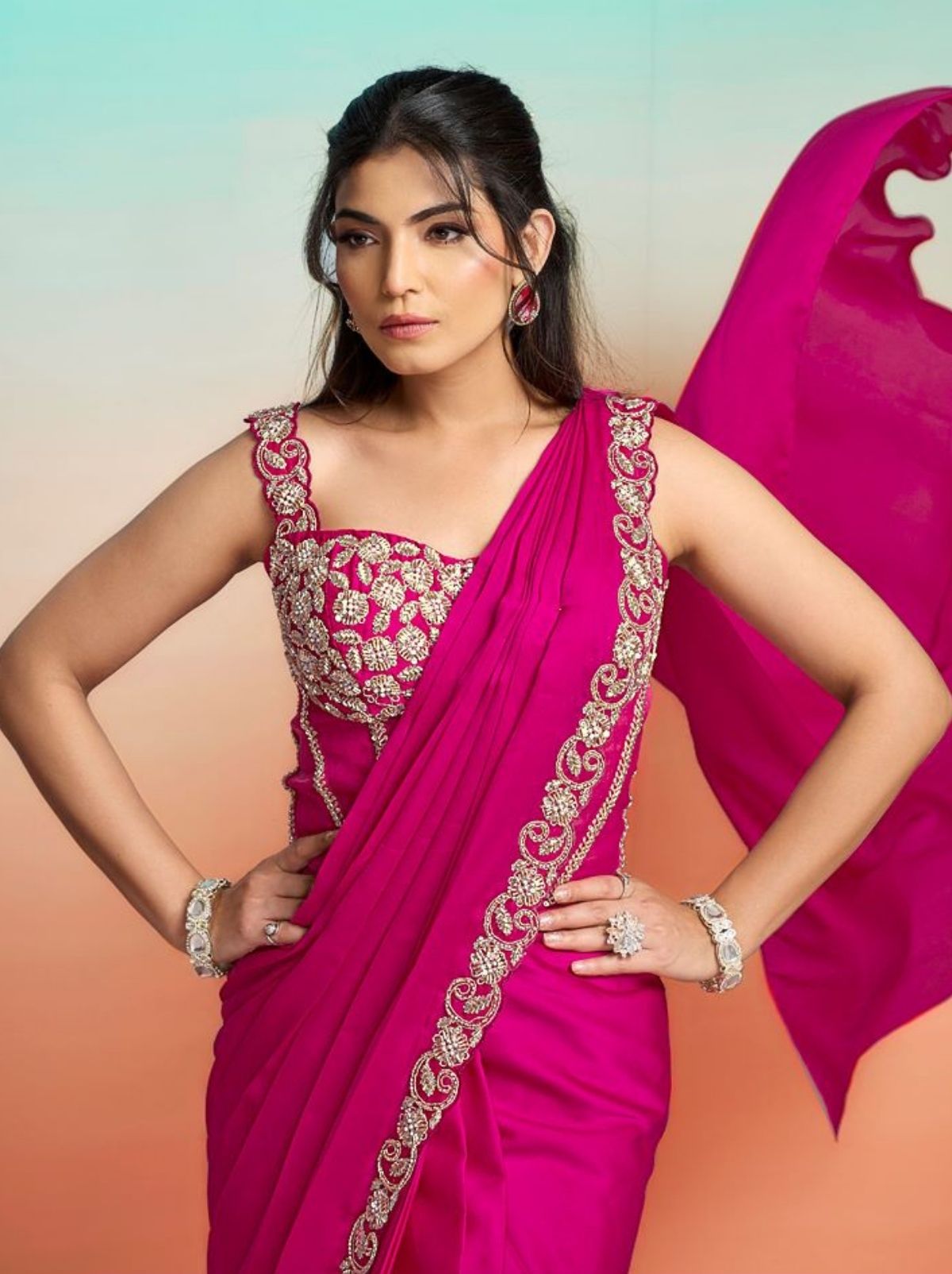 Barbie Pink Premium Satin Silk Ready to Wear Saree with Cape