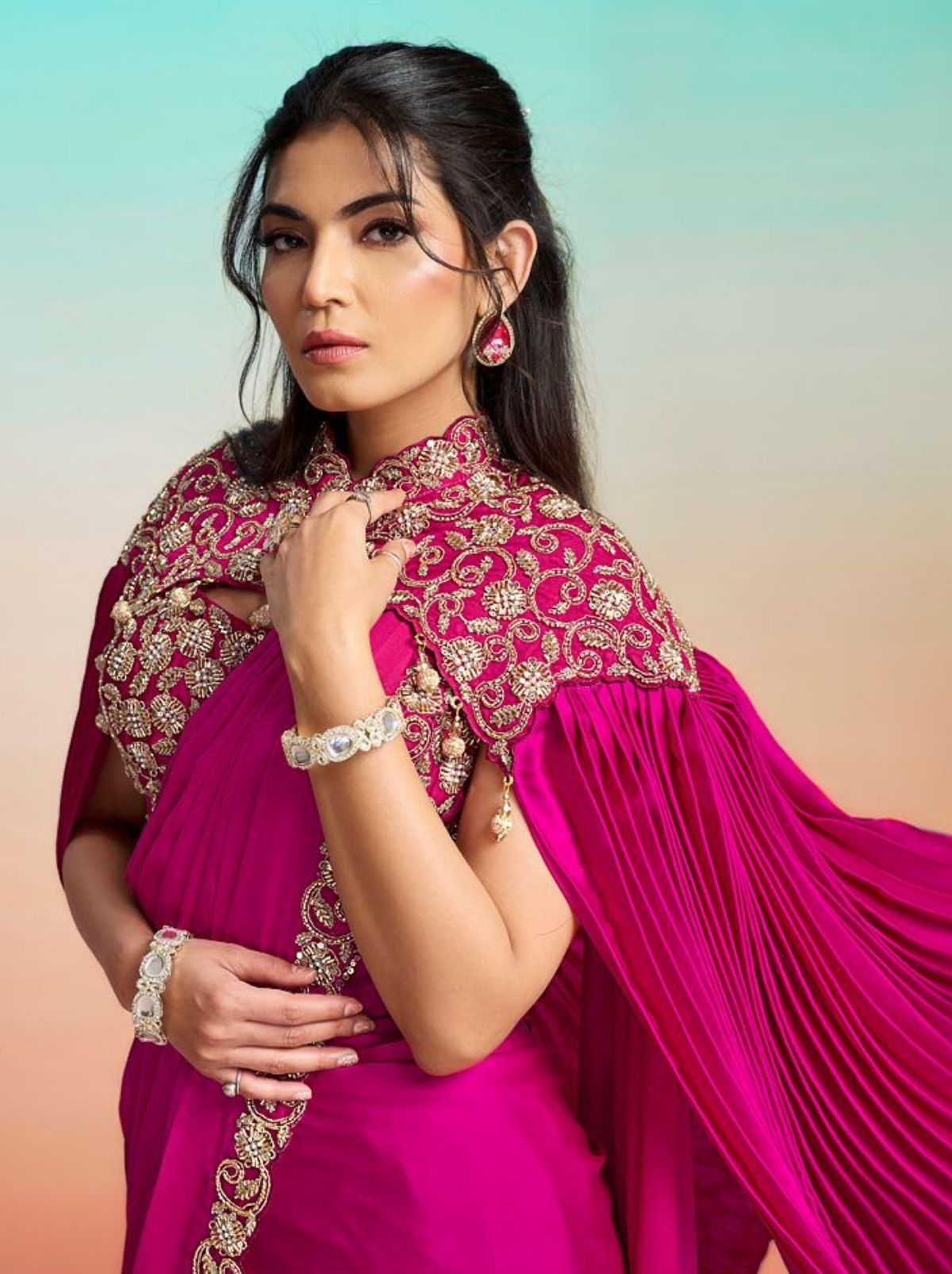 Barbie Pink Premium Satin Silk Ready to Wear Saree with Cape