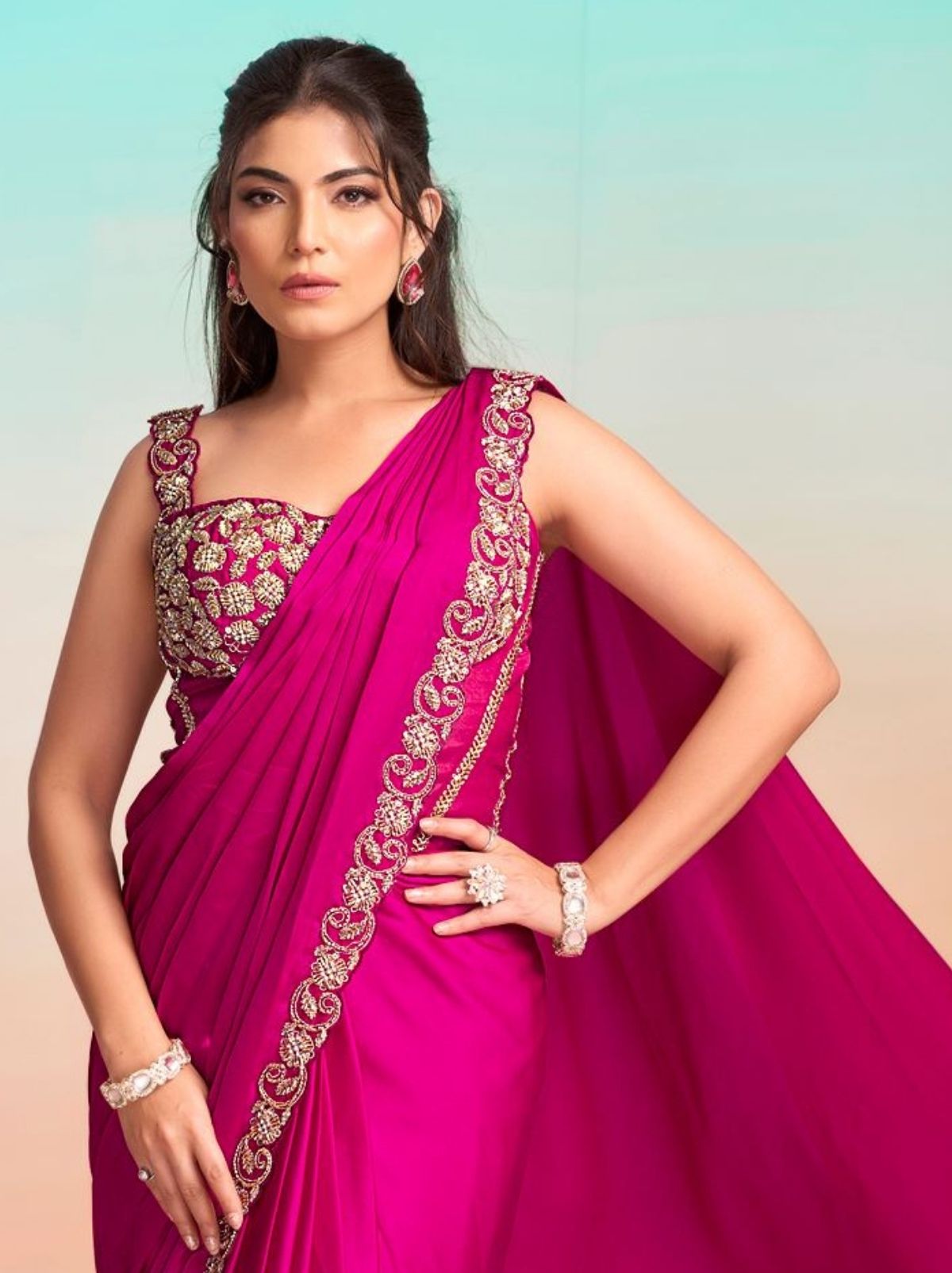 Barbie Pink Premium Satin Silk Ready to Wear Saree with Cape