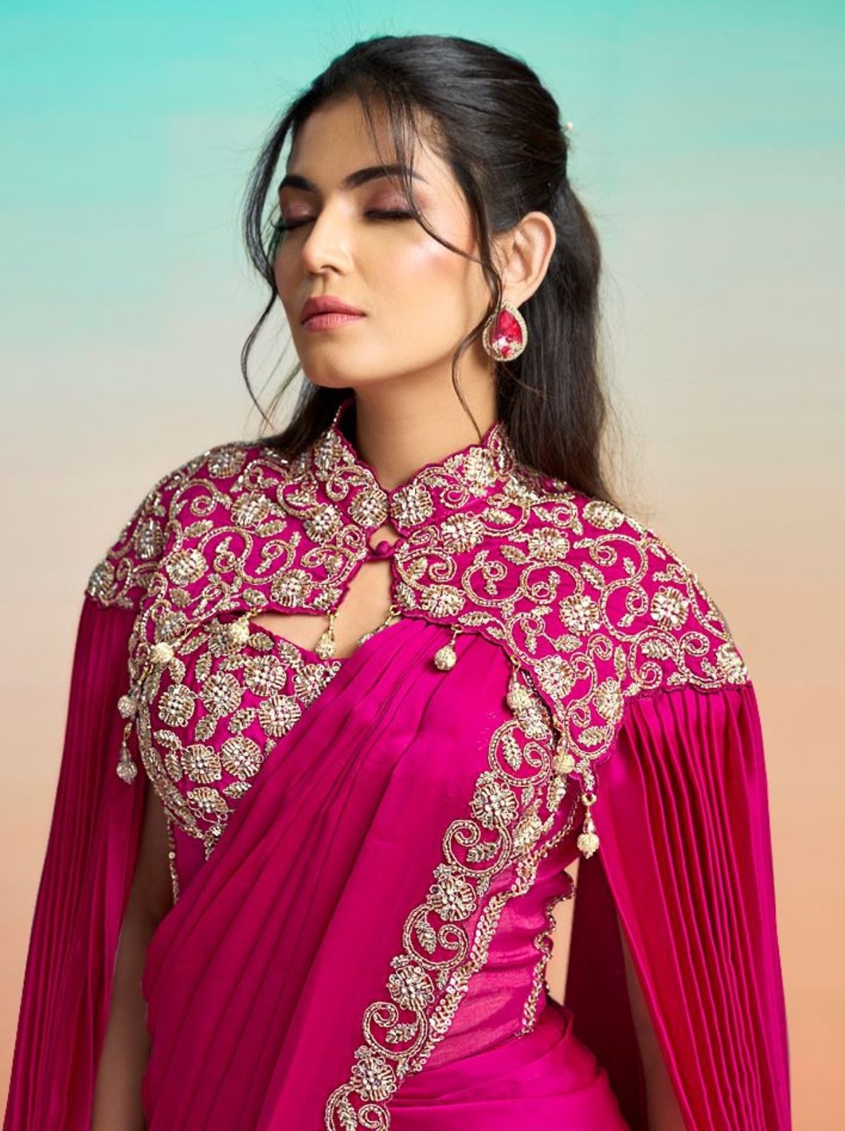 Barbie Pink Premium Satin Silk Ready to Wear Saree with Cape