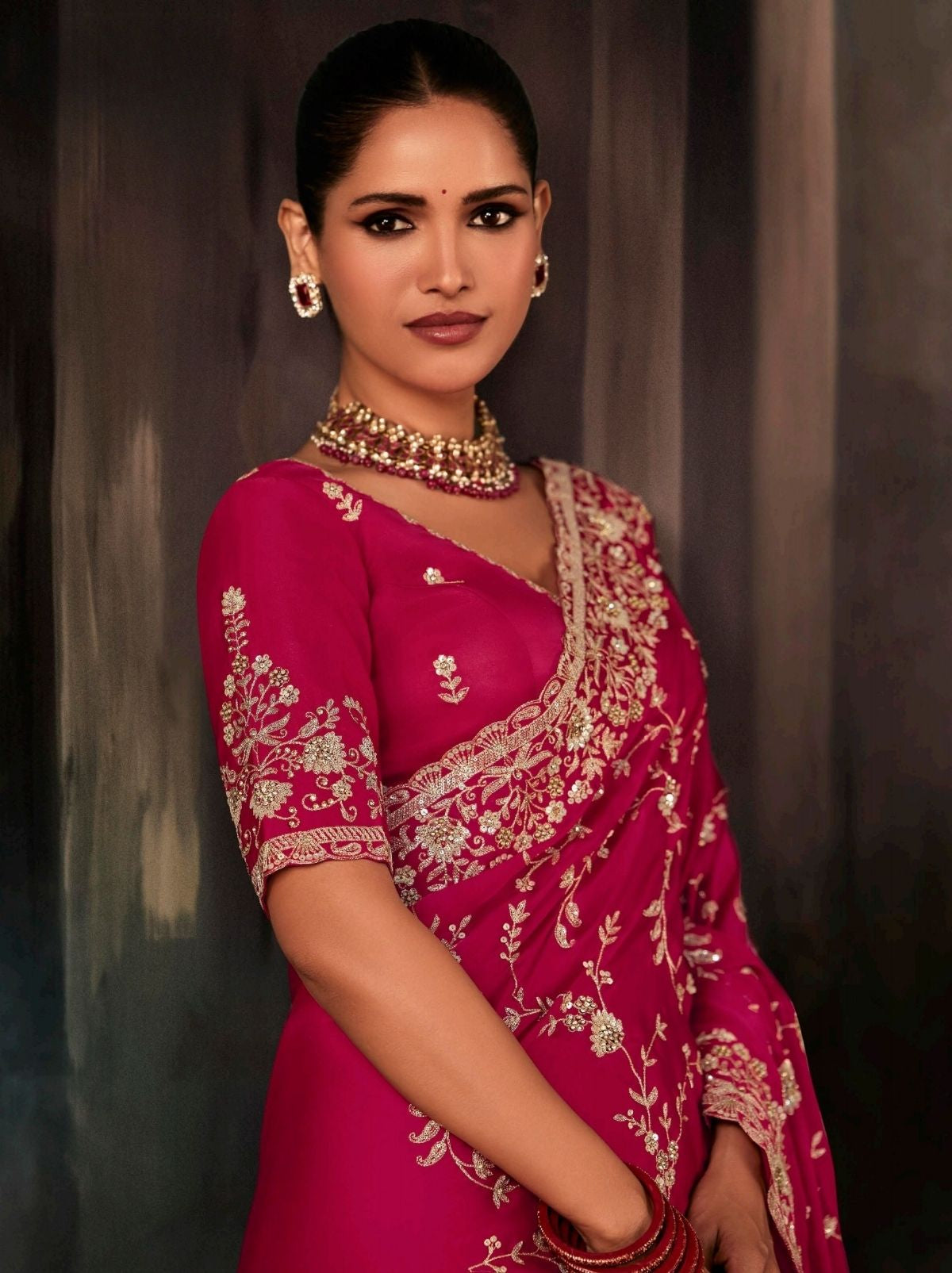 Ruby Pink Premium Soft Satin Silk Saree With Sequin Work