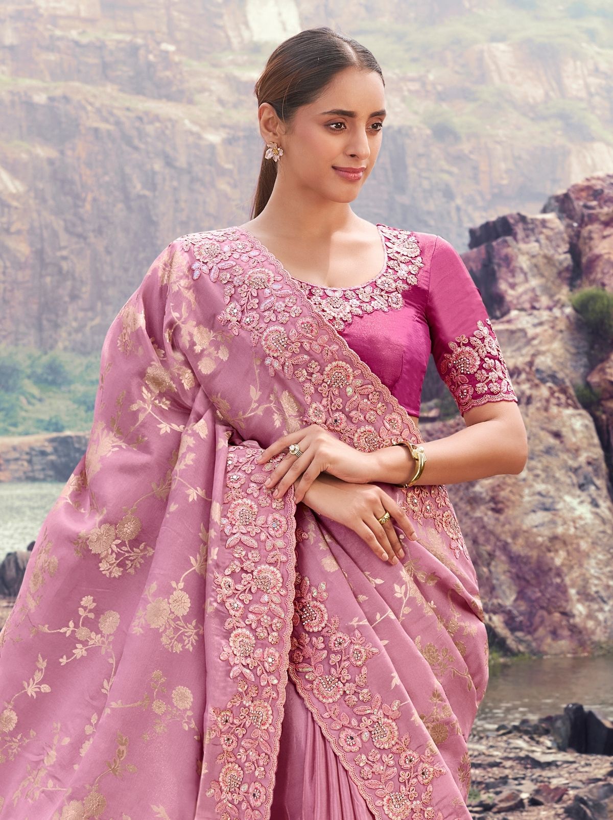 Taffy Pink Premium Tissue Silk Saree With Blouse Piece