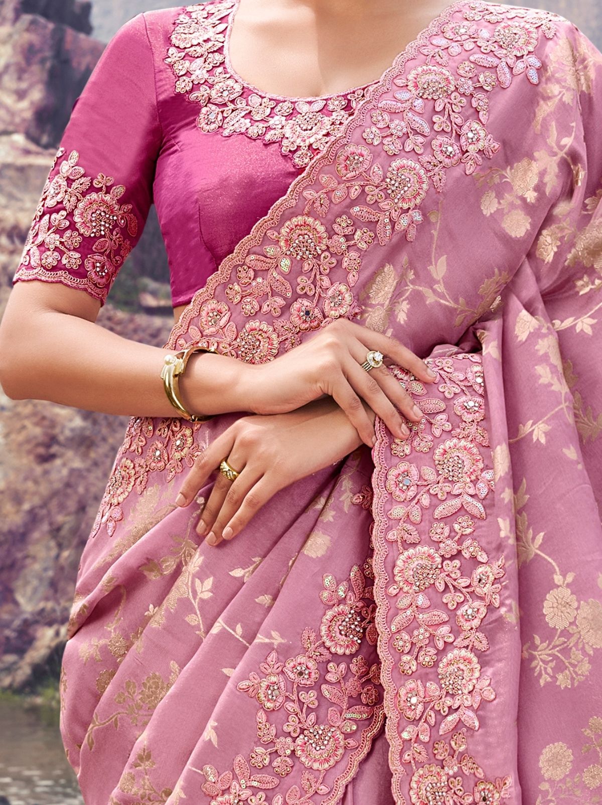 Taffy Pink Premium Tissue Silk Saree With Blouse Piece