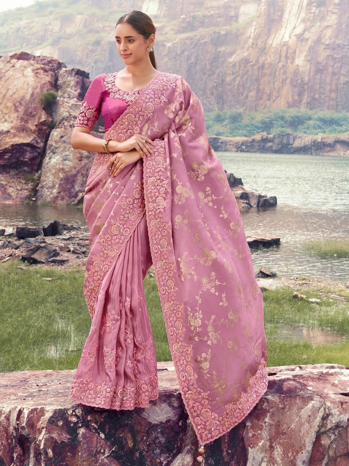 Taffy Pink Premium Tissue Silk Saree With Blouse Piece