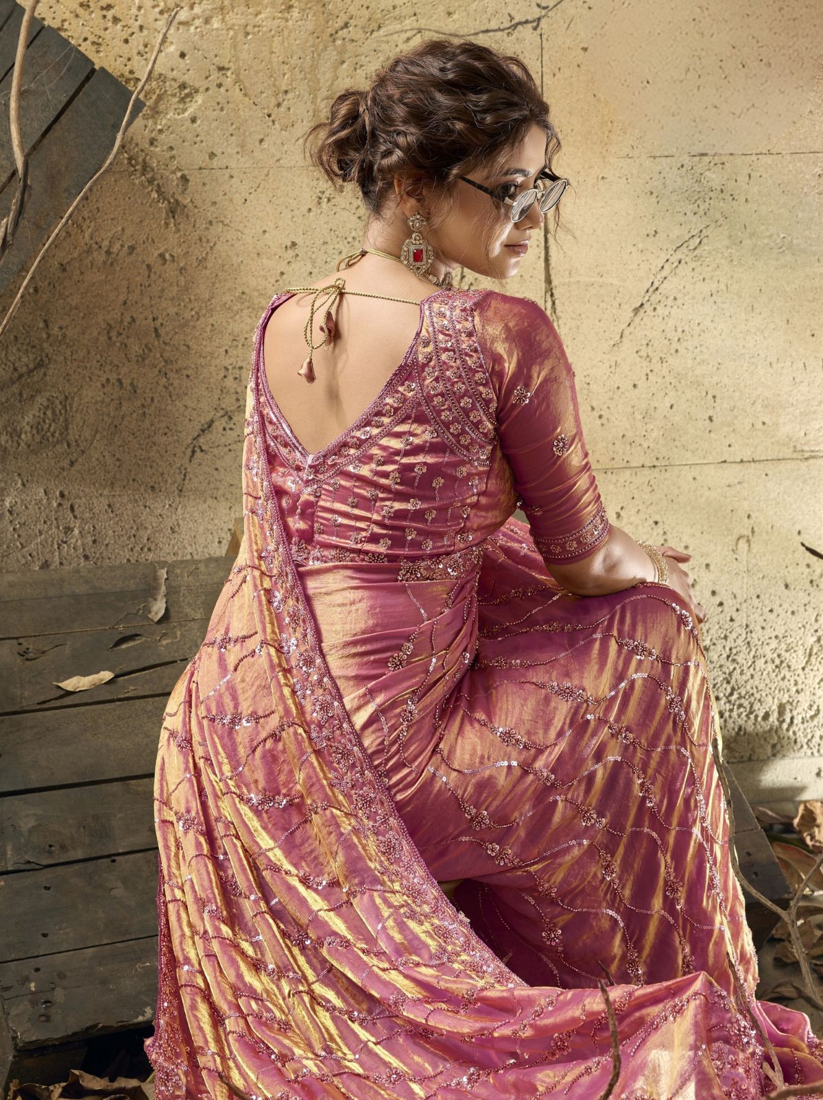 Punch Pink Premium Velvet Satin Saree With Sequin & Zari Work