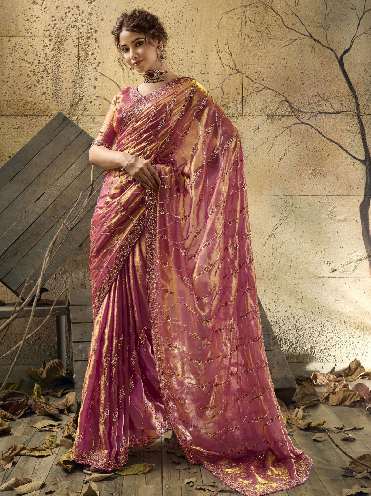 Punch Pink Premium Velvet Satin Saree With Sequin & Zari Work