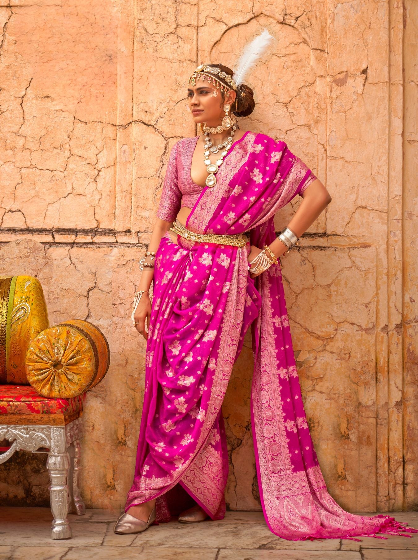 Hot Pink Festive Party Saree - TrendOye