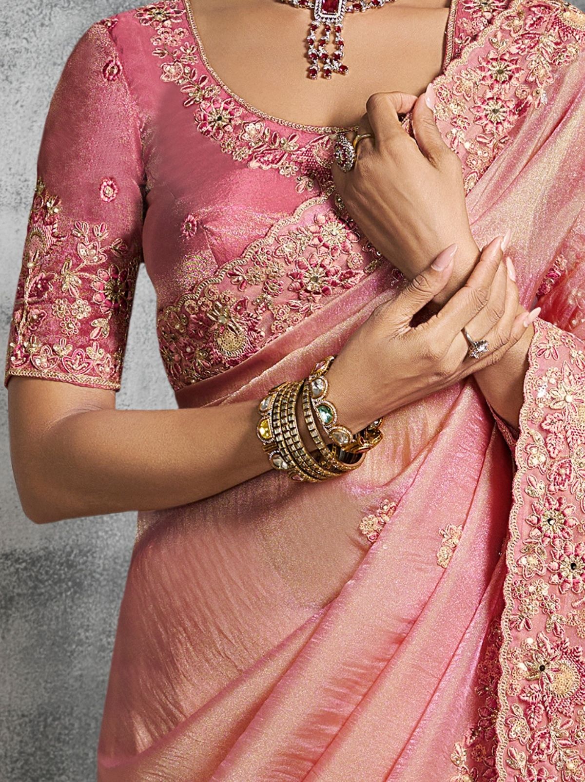 Flamingo Pink Premium Zari Tissue Silk Saree With Blouse Piece