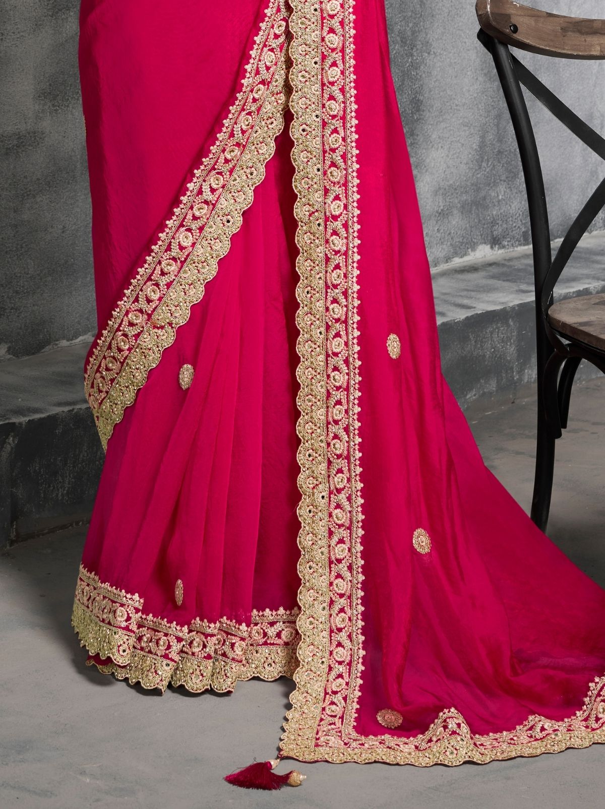 Cerise Pink Premium Zari Tissue Silk Saree With Tassels
