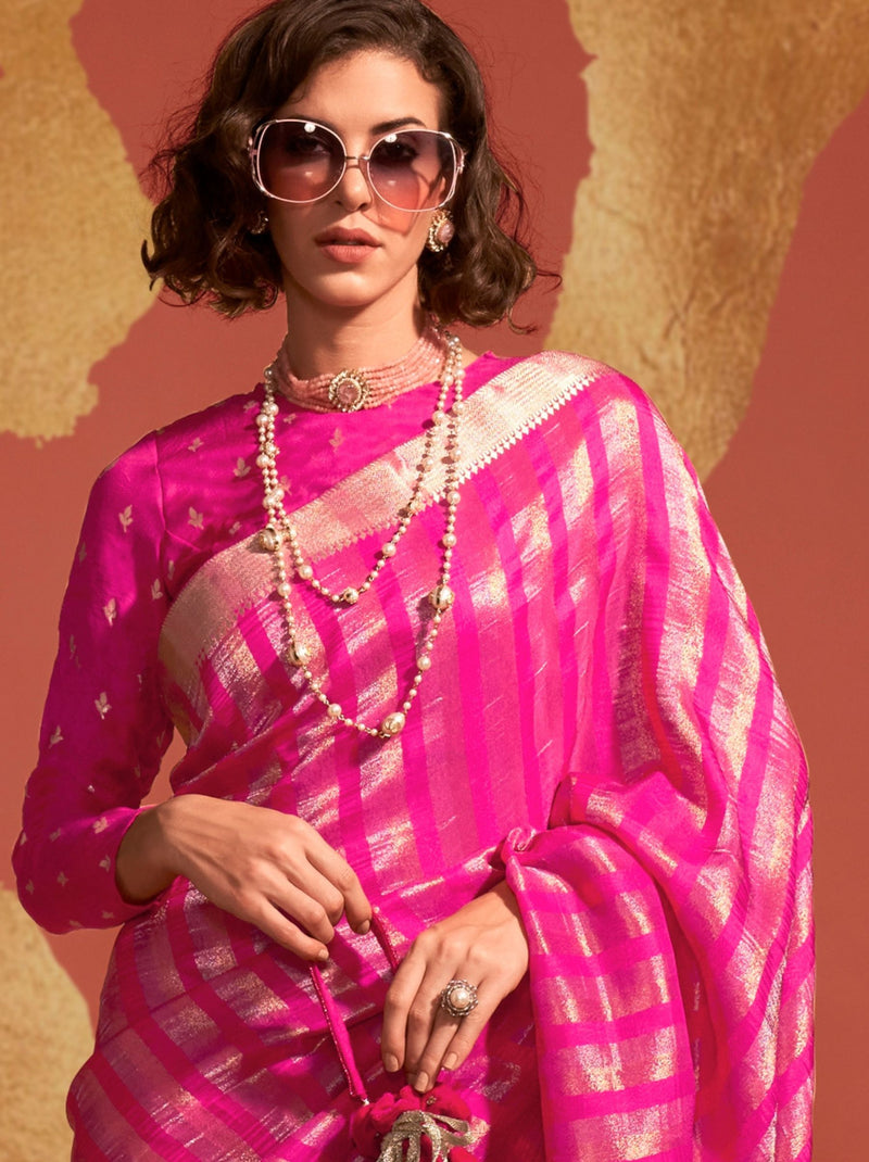 Magenta Pink Handwoven Silk Saree - TrendOye