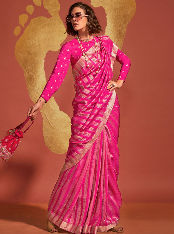 Magenta Pink Handwoven Silk Saree - TrendOye