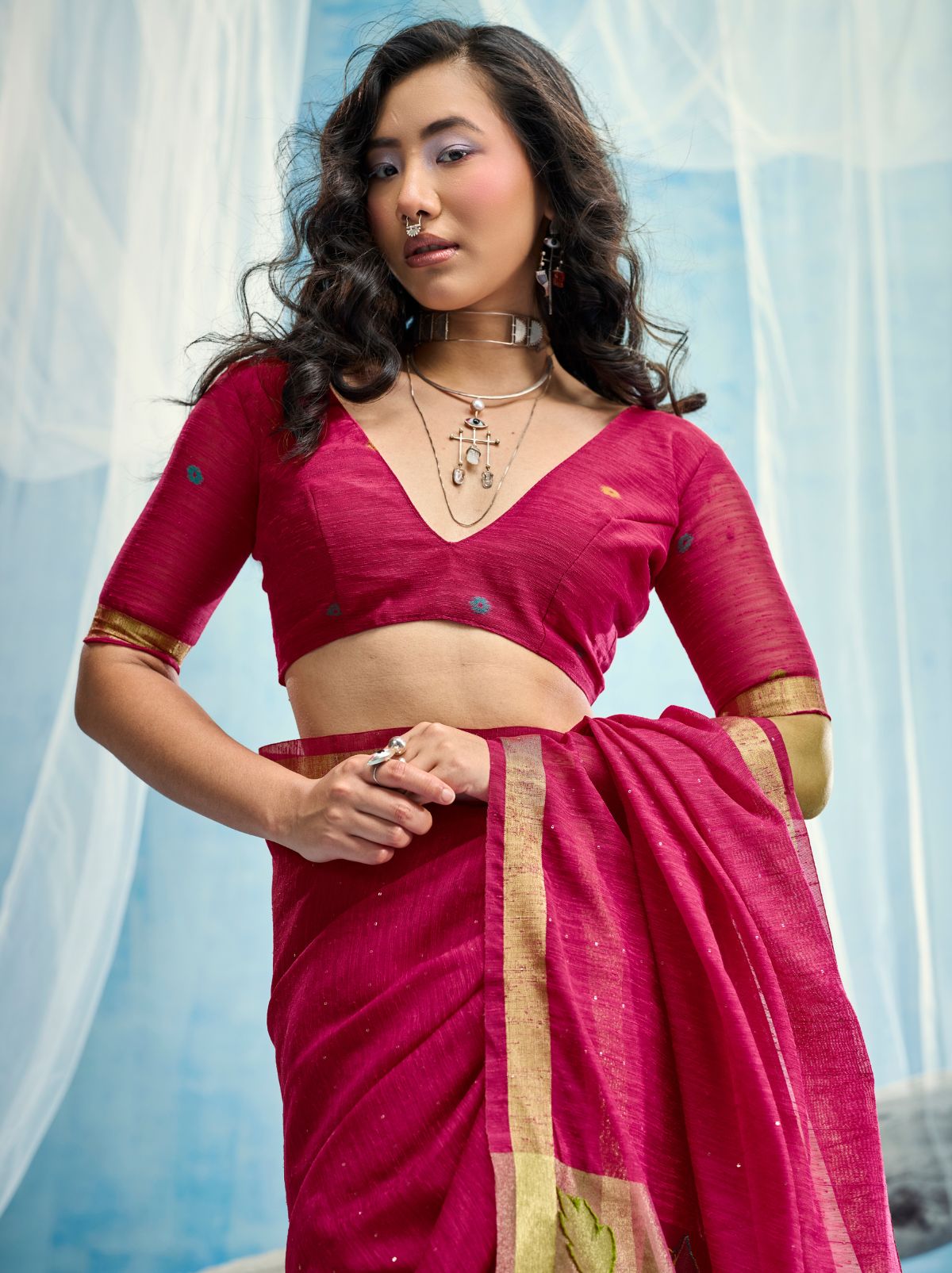 Ruby Pink Pure Munga Silk Ethnic Saree With Floral Work