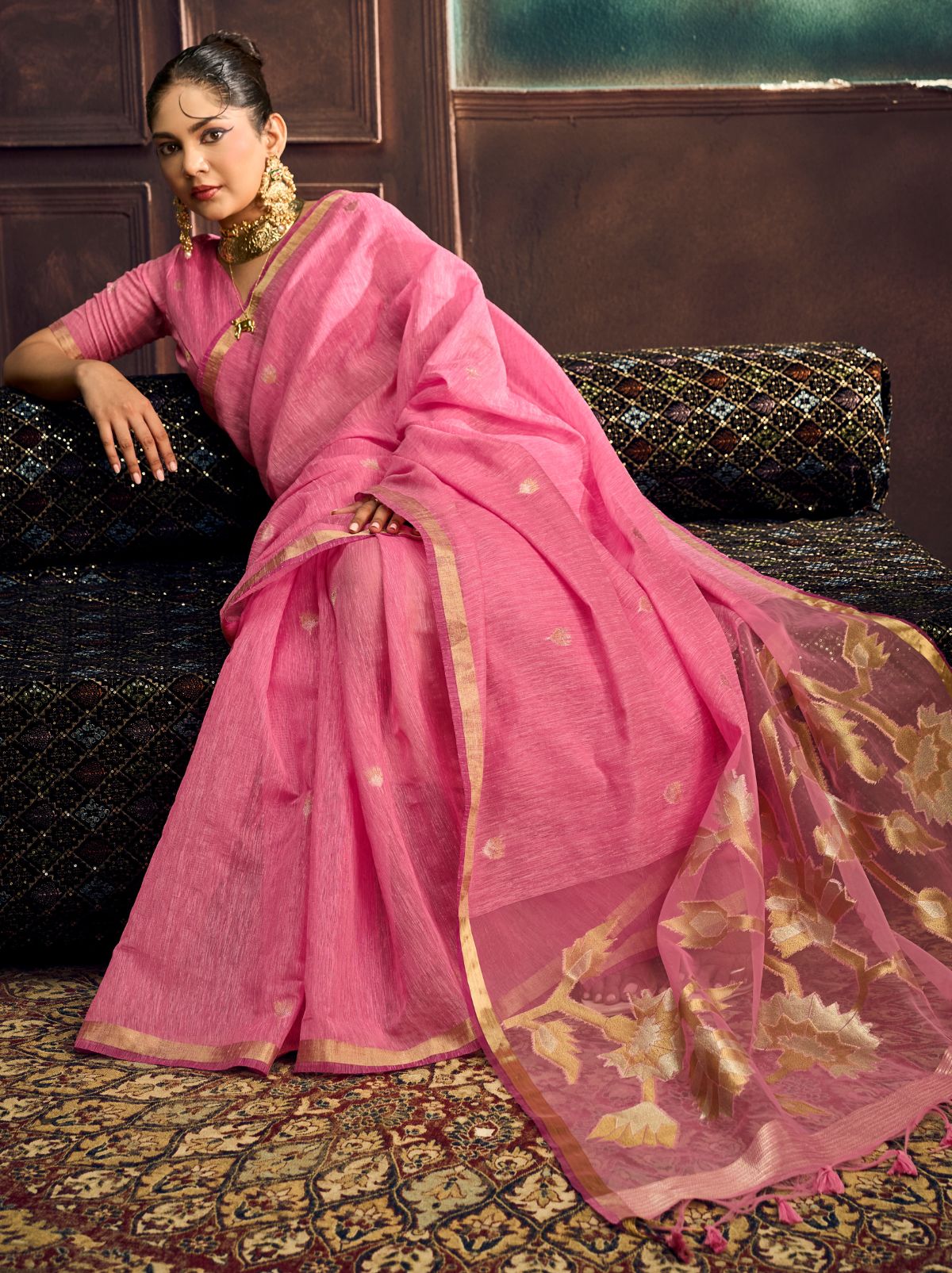 Creamy Pink Pure Munga Silk Traditional Handloom Saree