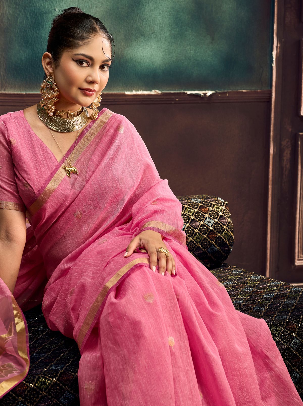 Creamy Pink Pure Munga Silk Traditional Handloom Saree