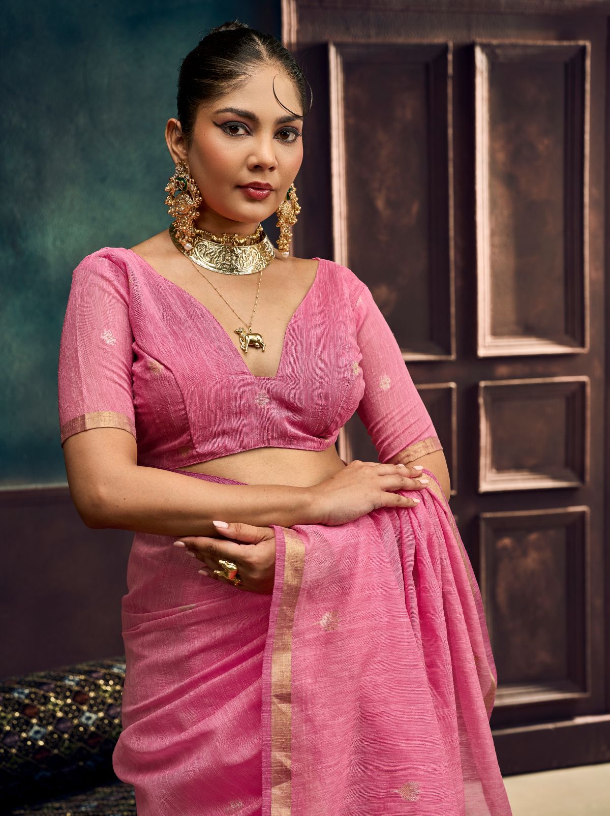 Creamy Pink Pure Munga Silk Traditional Handloom Saree