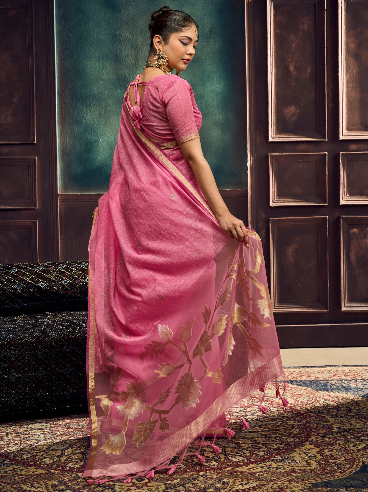 Creamy Pink Pure Munga Silk Traditional Handloom Saree