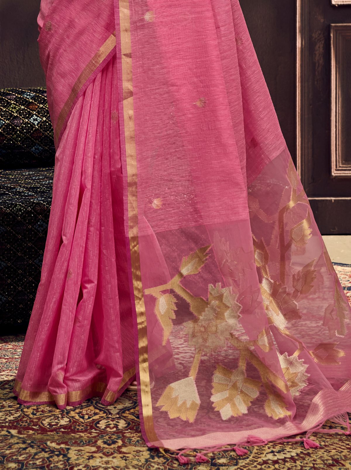Creamy Pink Pure Munga Silk Traditional Handloom Saree