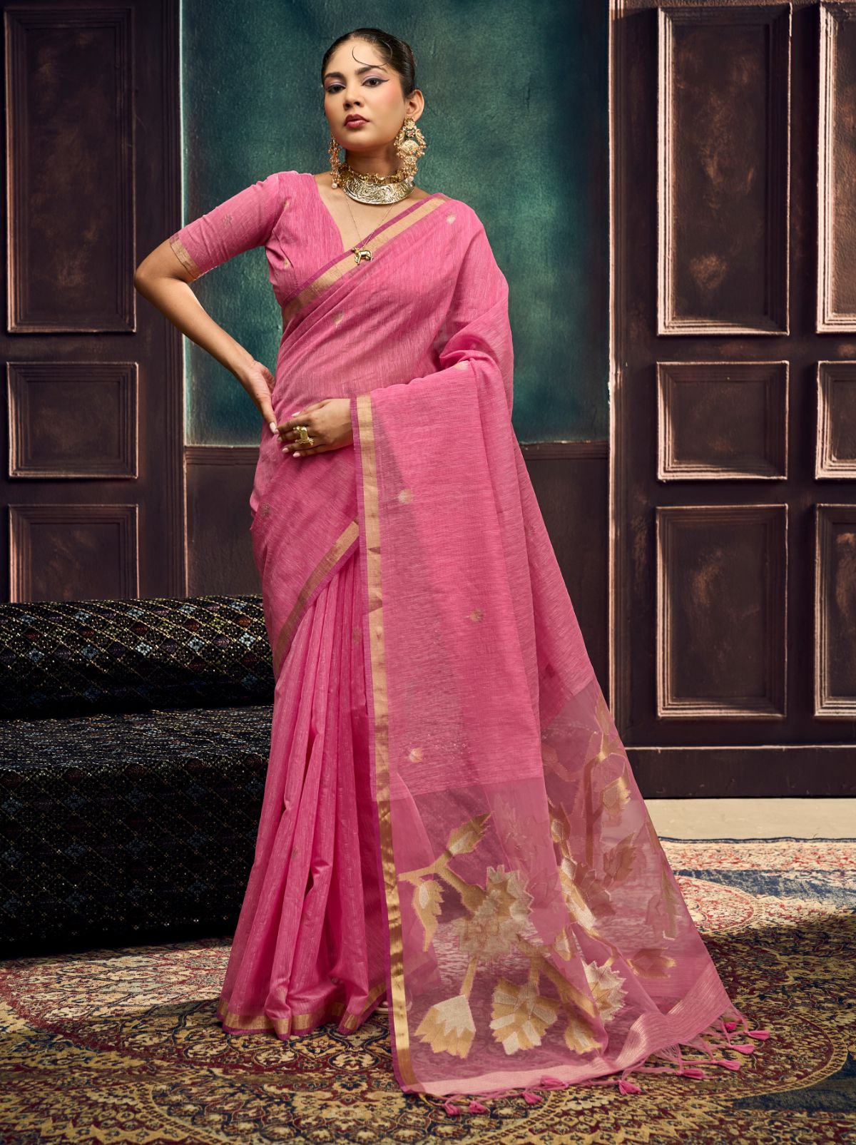 Creamy Pink Pure Munga Silk Traditional Handloom Saree