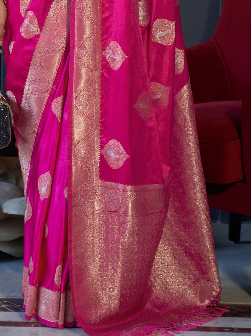 Cerise Pink Pure Satin Silk Saree - TrendOye