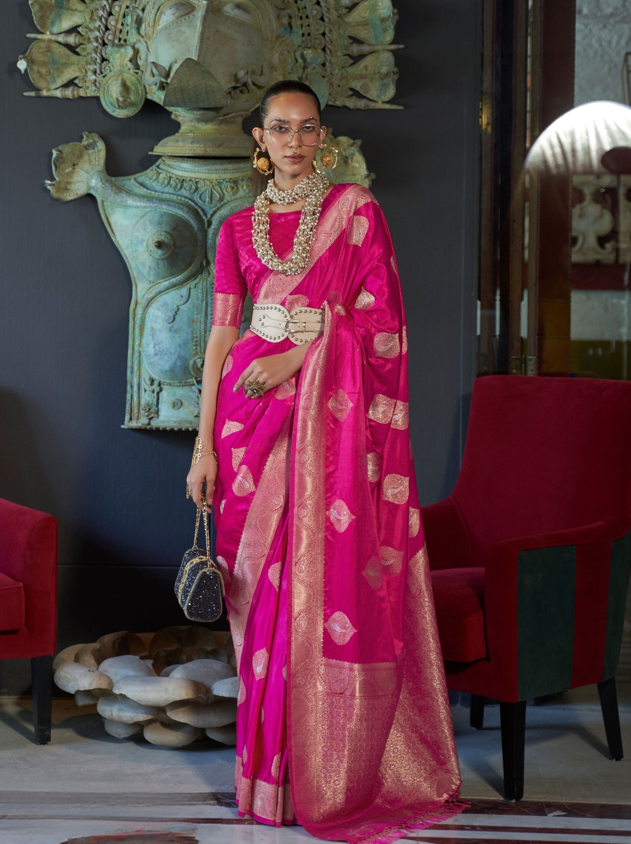 Cerise Pink Pure Satin Silk Saree - TrendOye