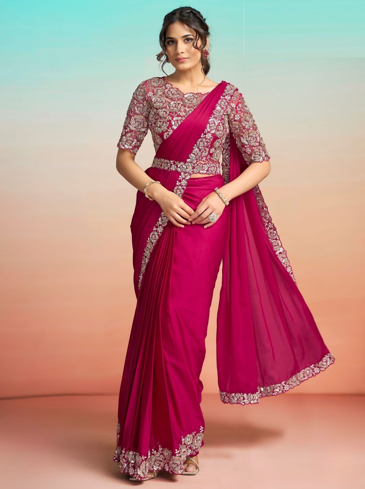Ruby Pink Ready to Wear Premium Satin Silk Pearl Work Saree
