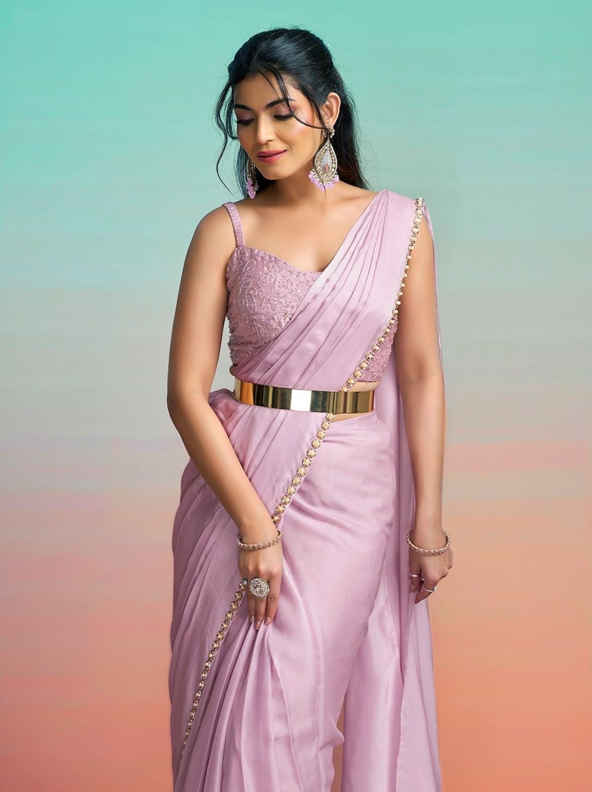 Blush Pink Ready to Wear Premium Satin Silk Pearl Work Saree