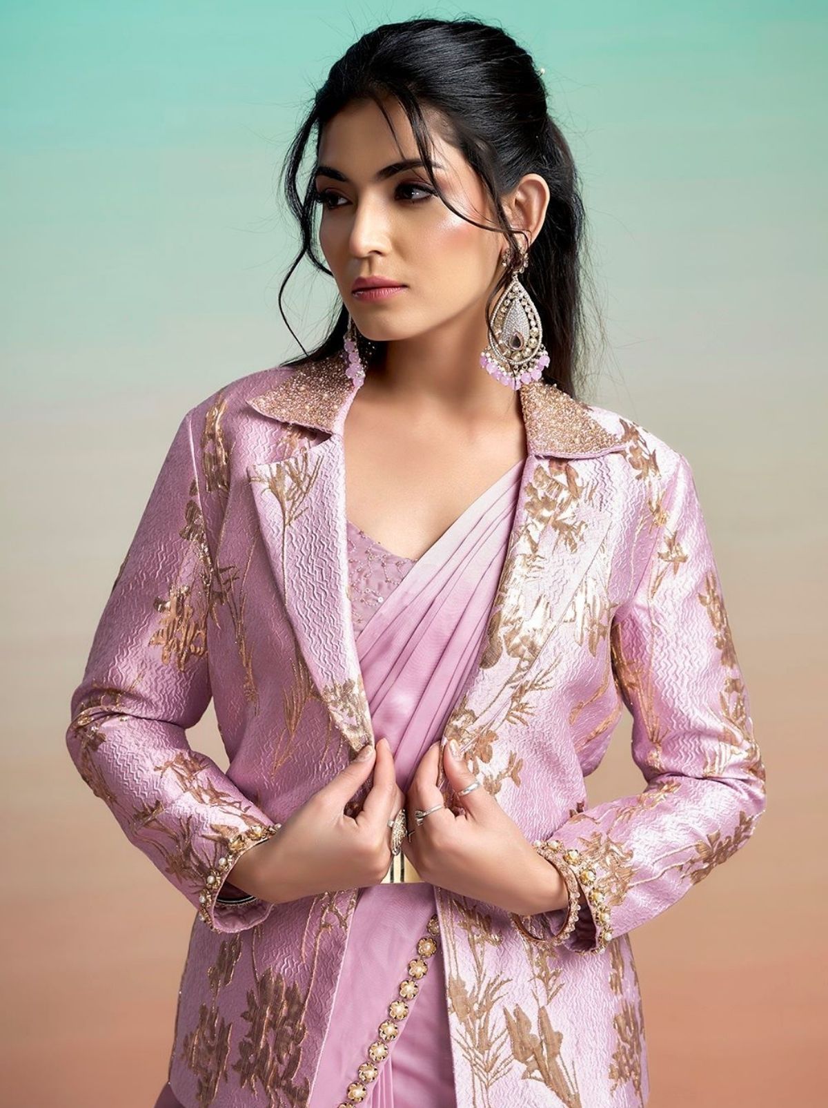 Blush Pink Ready to Wear Premium Satin Silk Pearl Work Saree