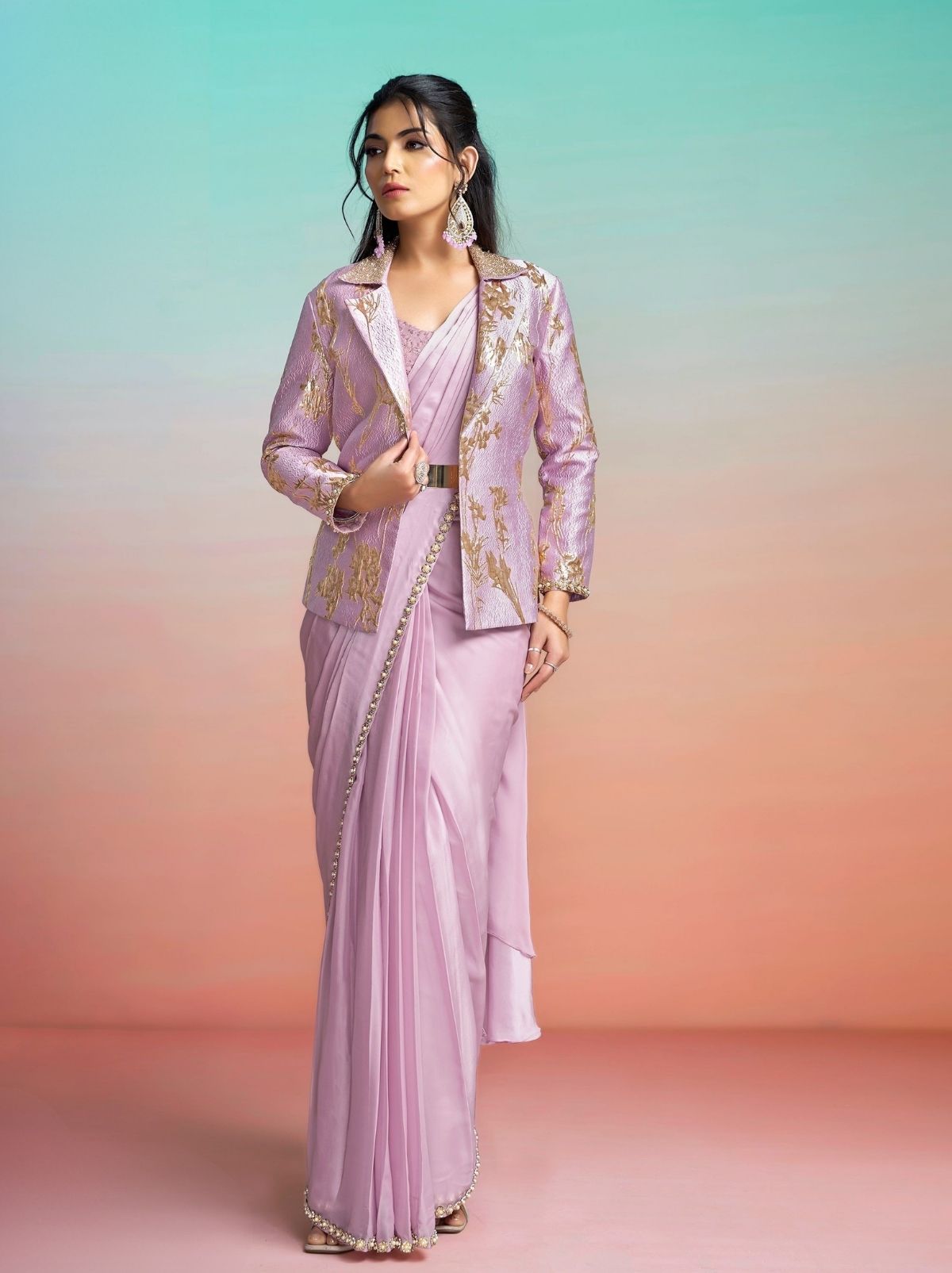 Blush Pink Ready to Wear Premium Satin Silk Pearl Work Saree