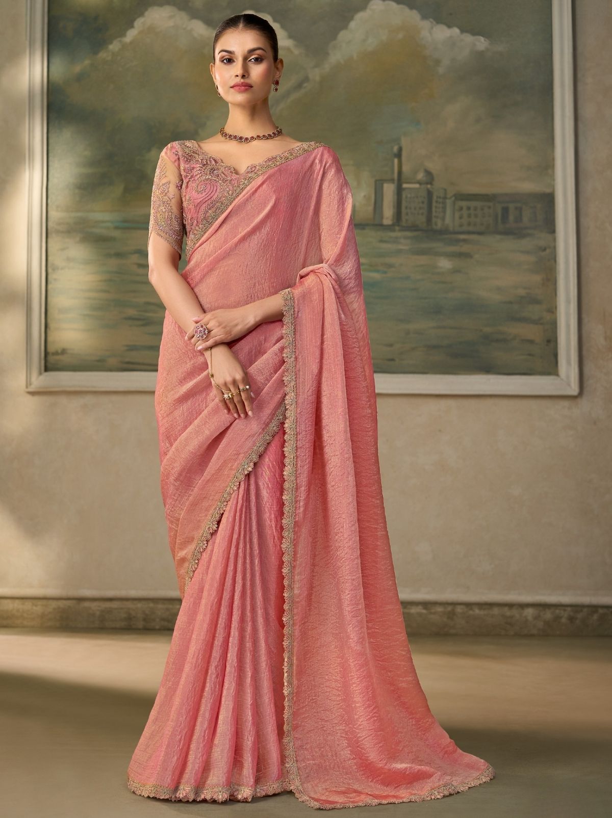 Rose Pink Regal Embroidered Saree with Blouse Piece