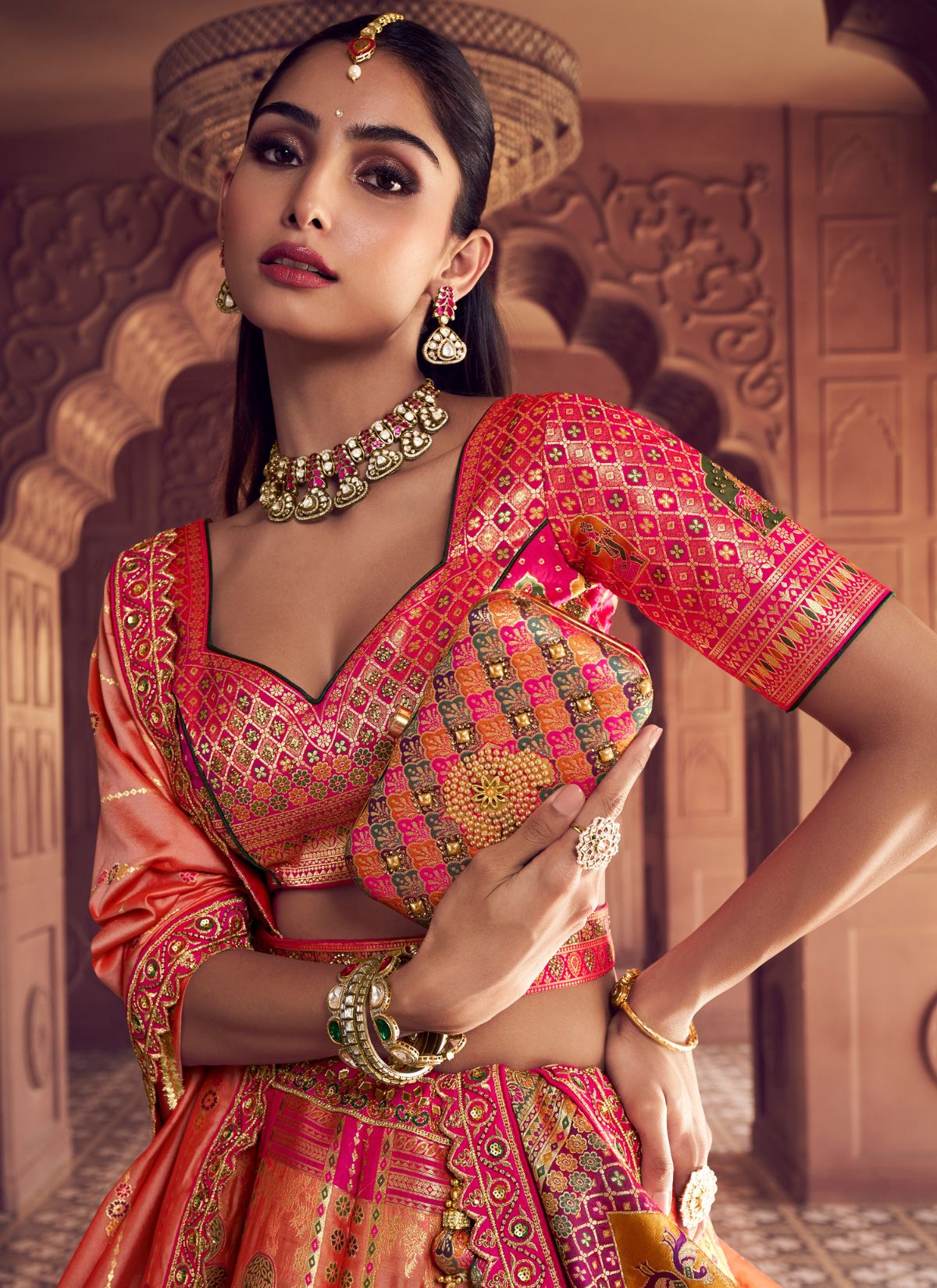 Hot Pink Royal Wedding Banarasi Lehenga Set With Sequin & Zari Work - TrendOye