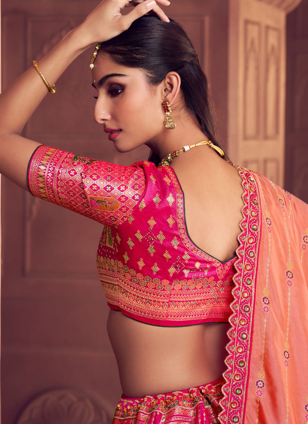Hot Pink Royal Wedding Banarasi Lehenga Set With Sequin & Zari Work - TrendOye