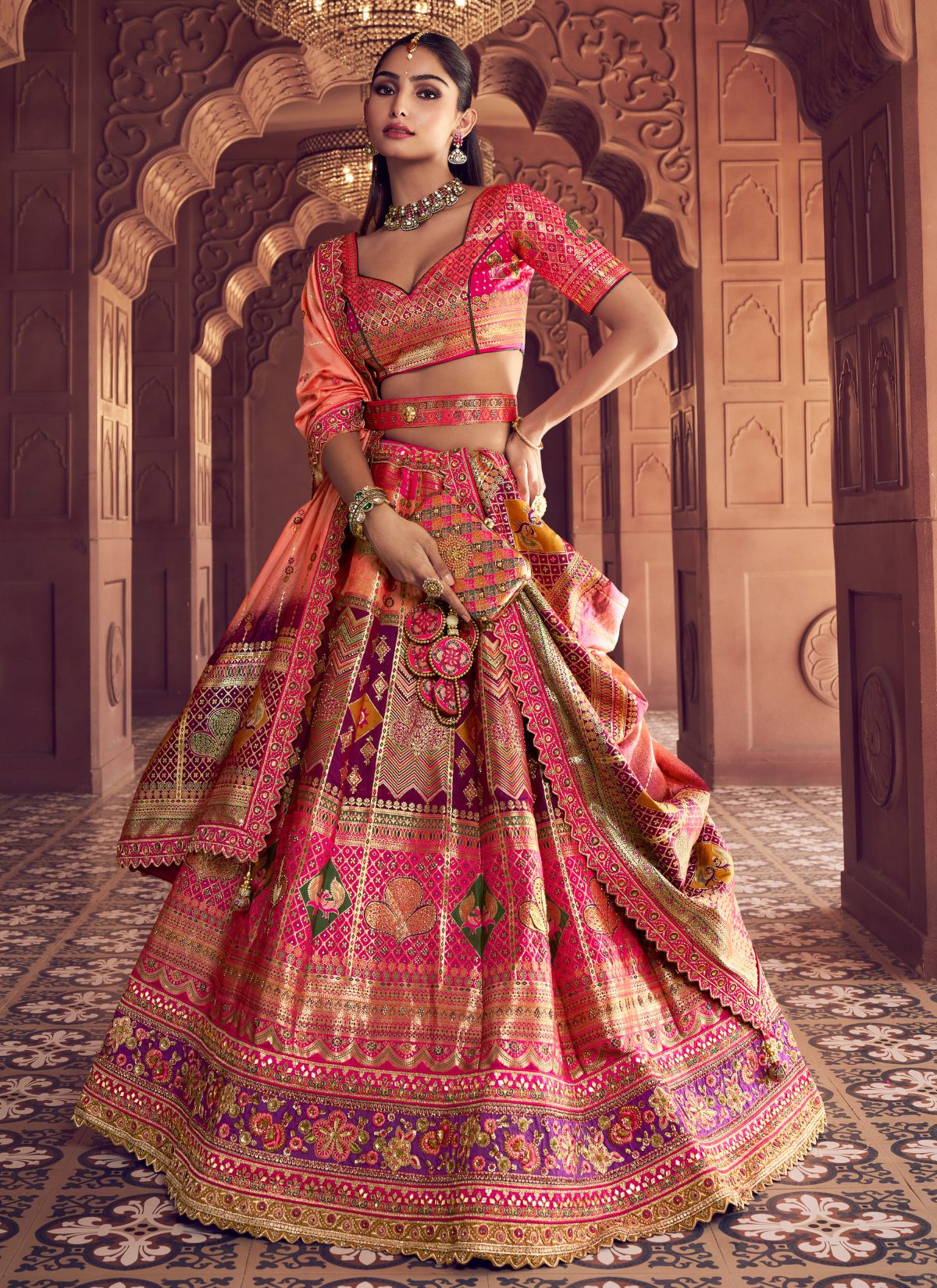 Hot Pink Royal Wedding Banarasi Lehenga Set With Sequin & Zari Work - TrendOye