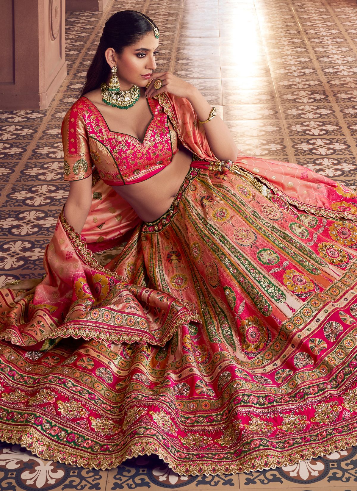 Pink Ombre Royal Wedding Banarasi Lehenga Set With Sequin & Zari Work - TrendOye