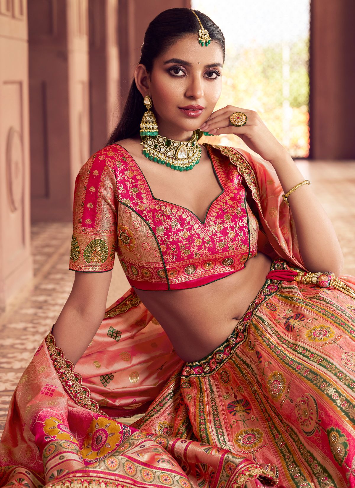 Pink Ombre Royal Wedding Banarasi Lehenga Set With Sequin & Zari Work - TrendOye