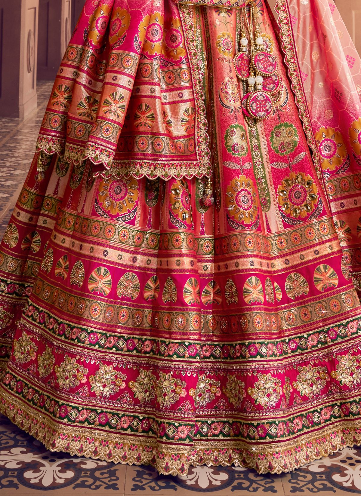Pink Ombre Royal Wedding Banarasi Lehenga Set With Sequin & Zari Work - TrendOye