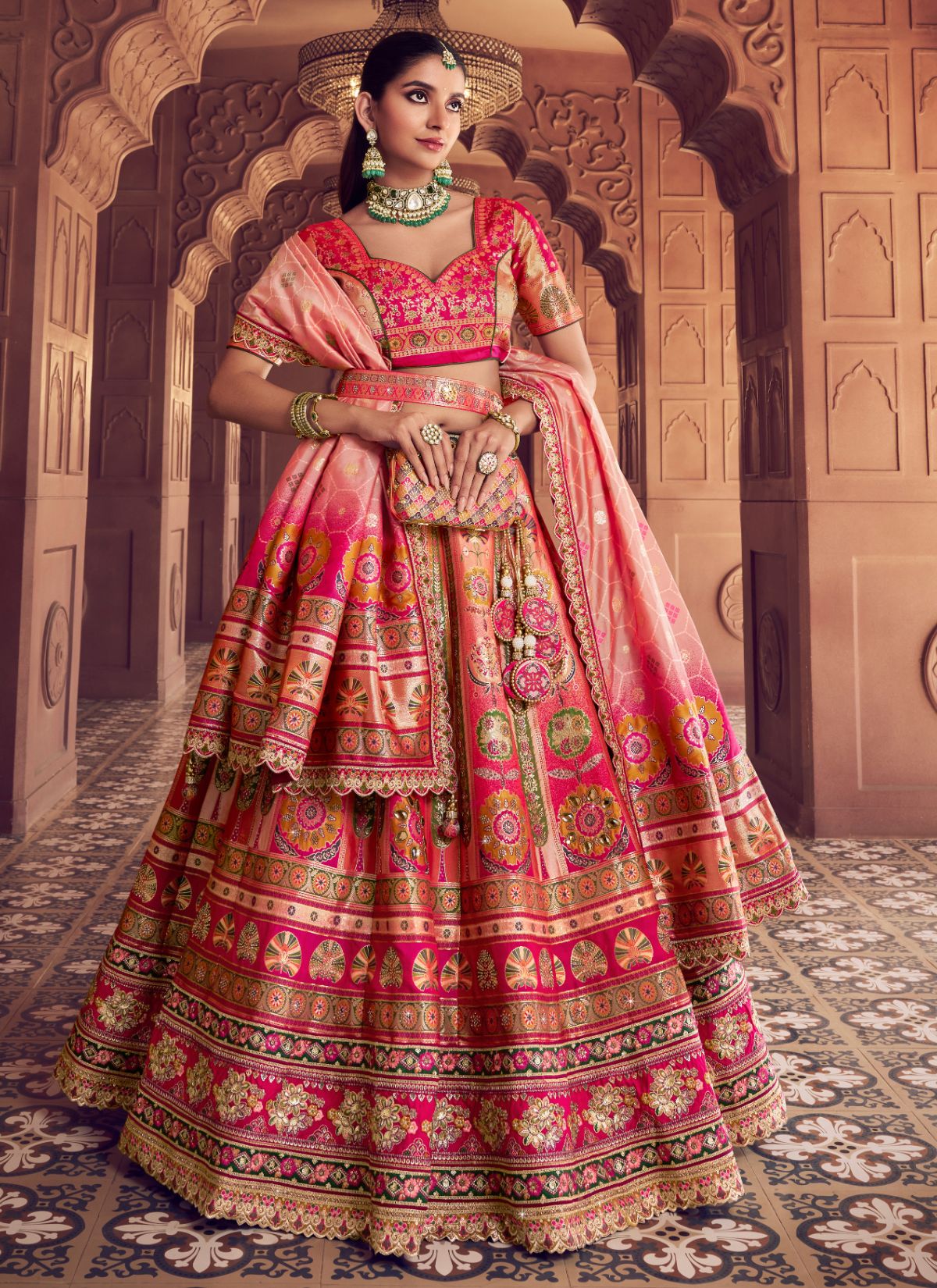 Pink Ombre Royal Wedding Banarasi Lehenga Set With Sequin & Zari Work - TrendOye