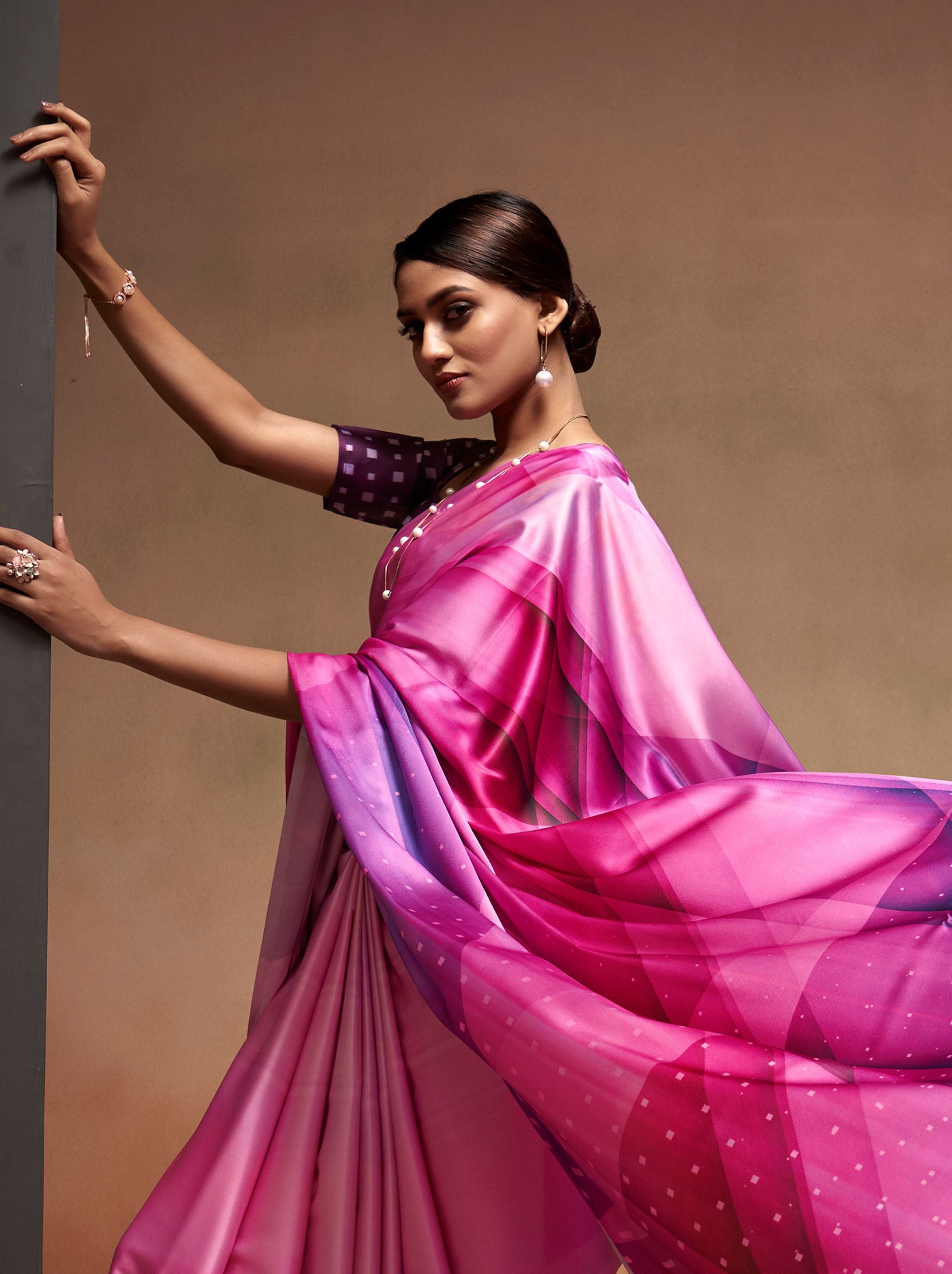 Magenta Pink Satin Silk Designer Saree - TrendOye